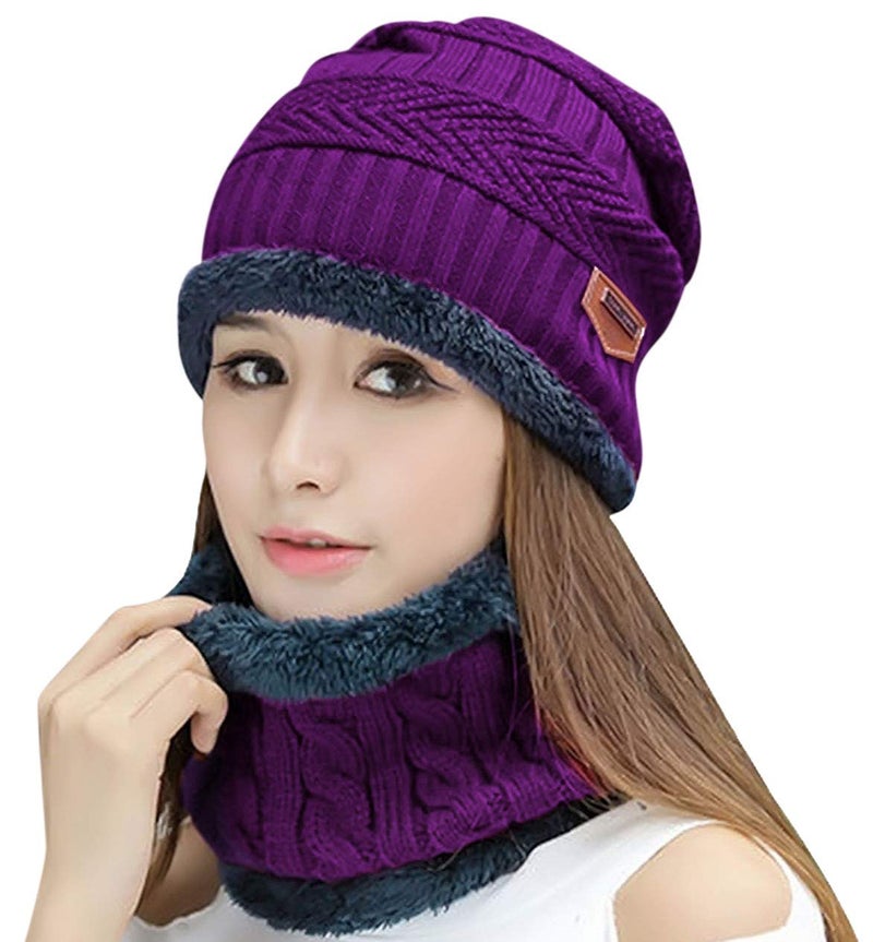 HINDAWI Winter Scarf Hat Womens Beanie Slouchy Knit Warm Snow Outdoor Skull Cap Purple - Image 1